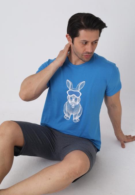 Pijama barbat cu maneca scurta si pantaloni 3/4, culoare albastru, Engros